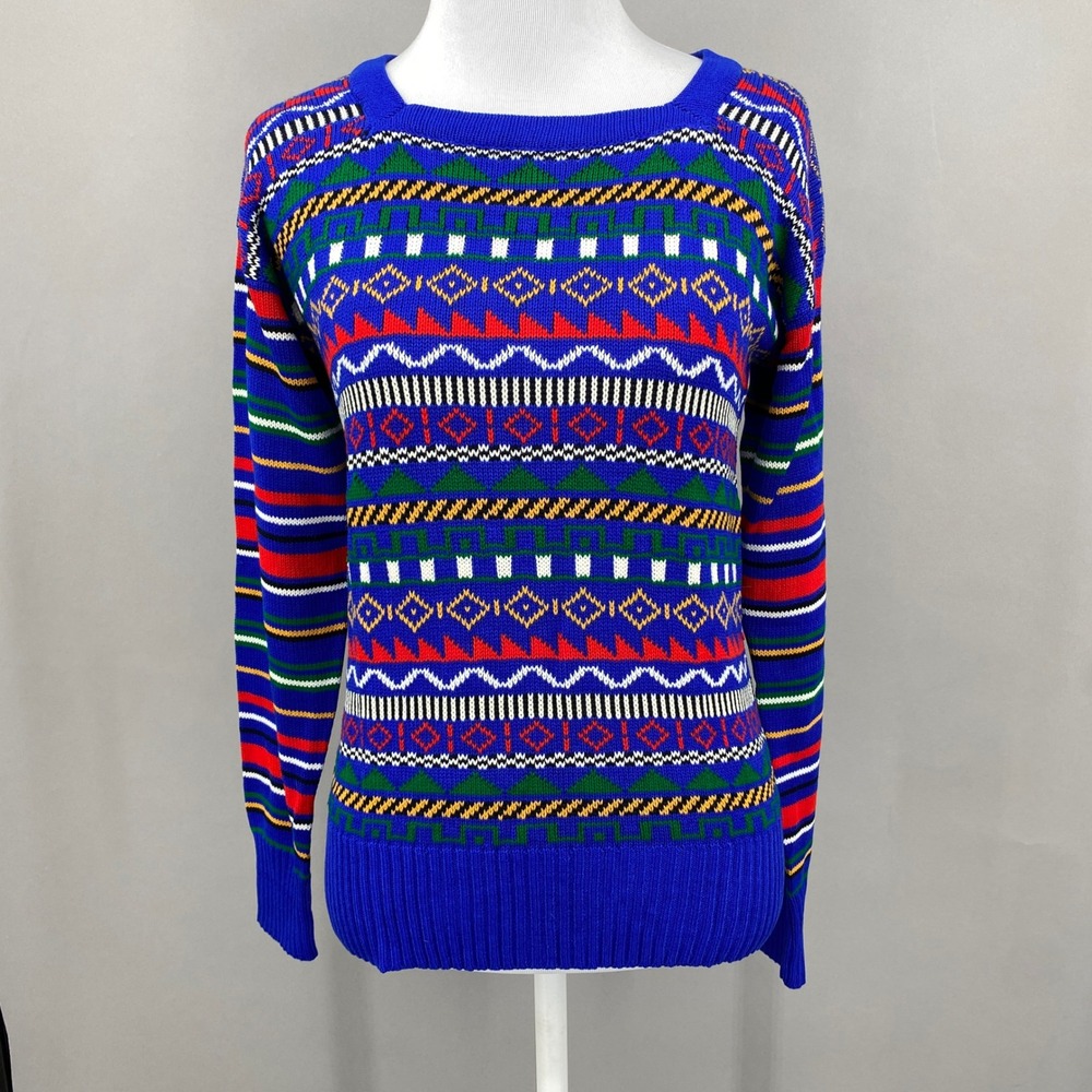 Vintage 70s Geometric Fair Isle Knit Sweater Womens Small Blue Ethnic Hippie